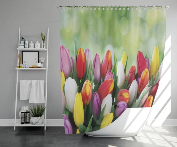 3D шторка для ванной «Разноцветные тюльпаны» вид 5