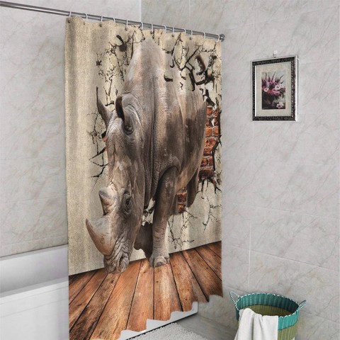 3D шторка для ванной «Носорог сквозь стену» вид 4