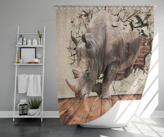 3D шторка для ванной «Носорог сквозь стену» вид 5