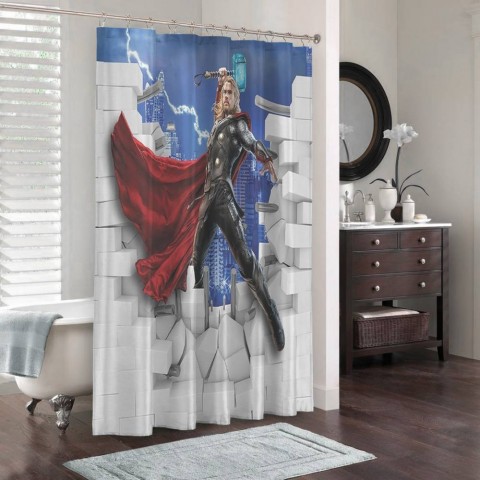3D штора в ванную комнату «Тор из за стены» вид 3