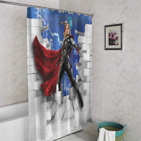 3D штора в ванную комнату «Тор из за стены» вид 4