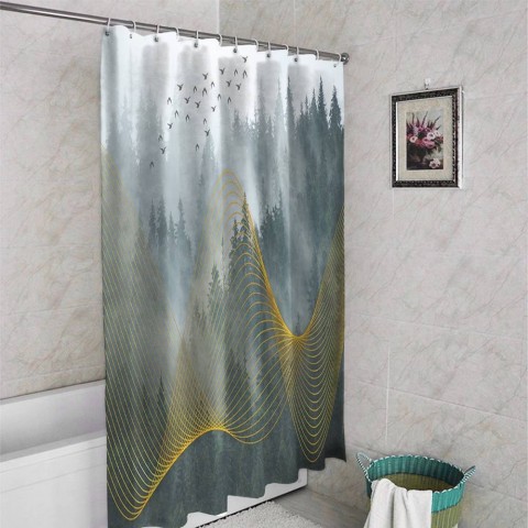 3D занавеска в ванную комнату «Туман над лесом» вид 4