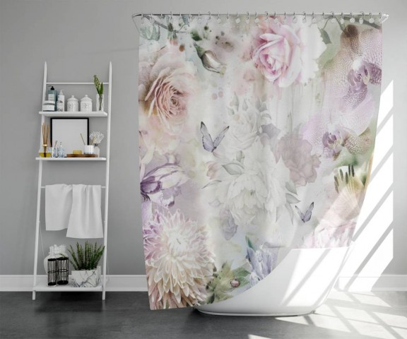 3D штора в ванную комнату «Бабочки в нежных цветах» вид 5
