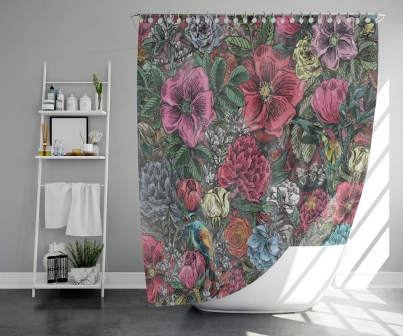 3D штора для ванны «Птицы в ярких цветах» вид 5