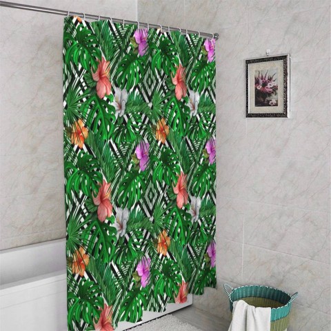 3D фото занавеска для ванной «Листья папоротника с цветами» вид 4