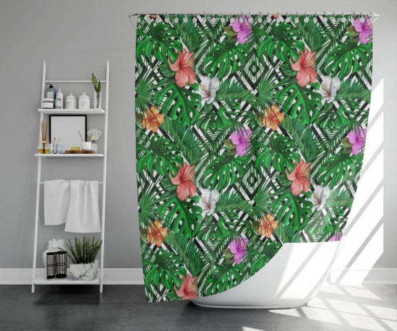 3D фото занавеска для ванной «Листья папоротника с цветами» вид 5