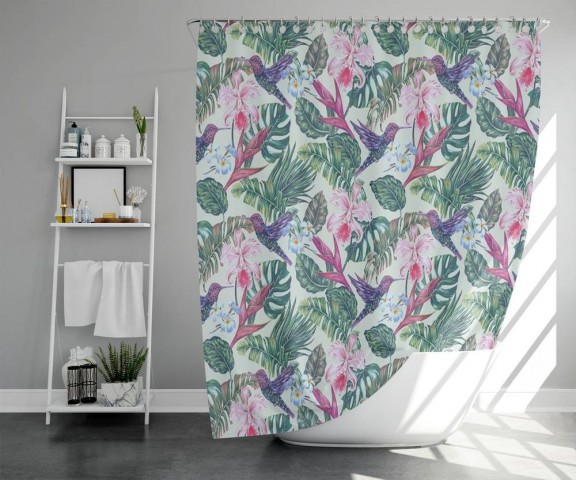 3D штора в ванную комнату «Колибри с цветами» вид 5