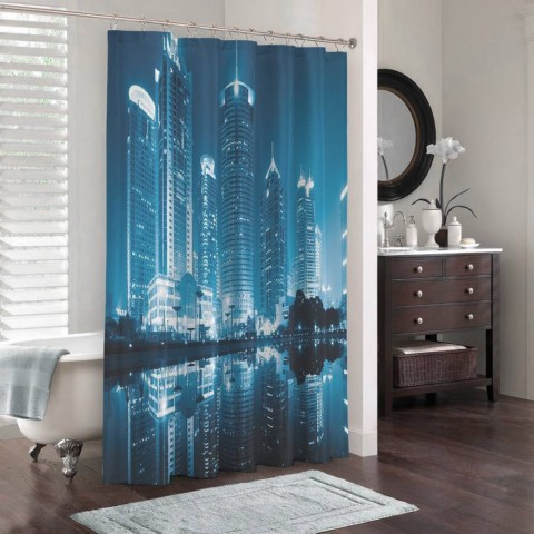 3D штора в ванную комнату «Неоновые огни ночного города» вид 3