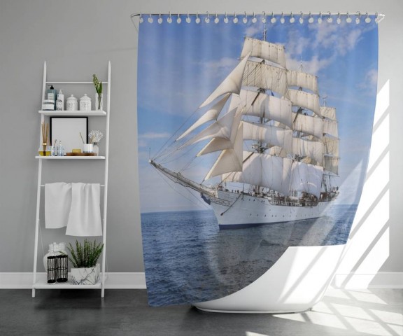 3D штора для ванной «Белый парусник» вид 5