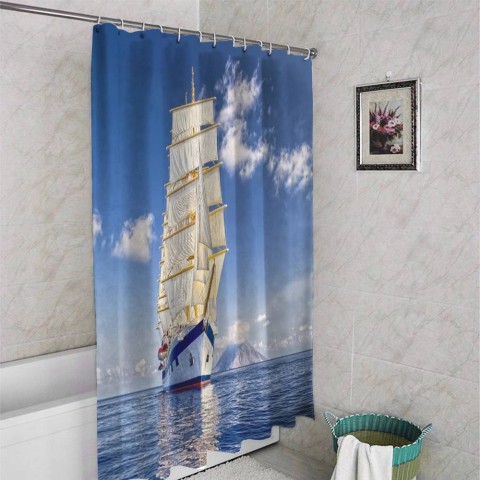 3D штора в ванную комнату «Корабль в море» вид 4