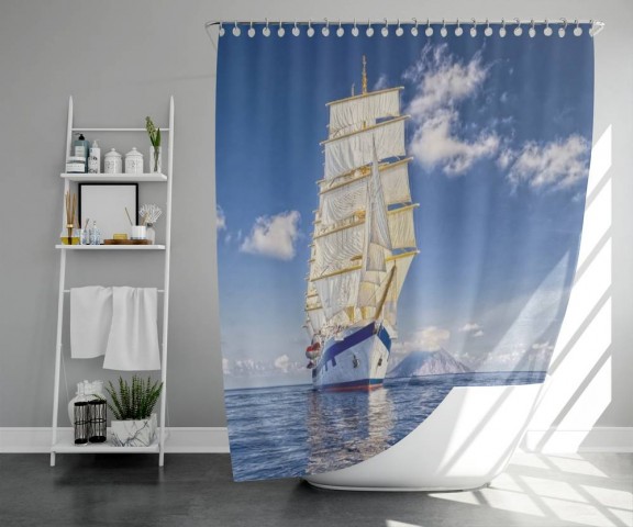3D штора в ванную комнату «Корабль в море» вид 5