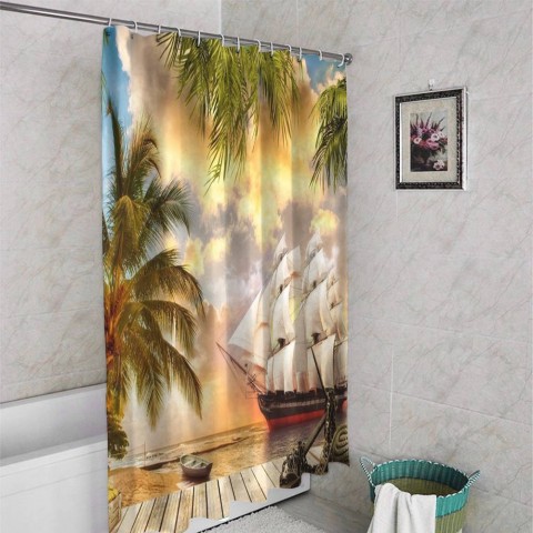 3D штора в ванную «Парусник у причала» вид 4