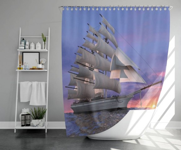 3D занавеска в ванную комнату «Парусный корабль на закате» вид 5