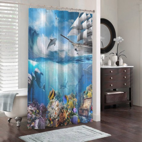 3D занавеска для ванны «Сокровища под кораблем» вид 3