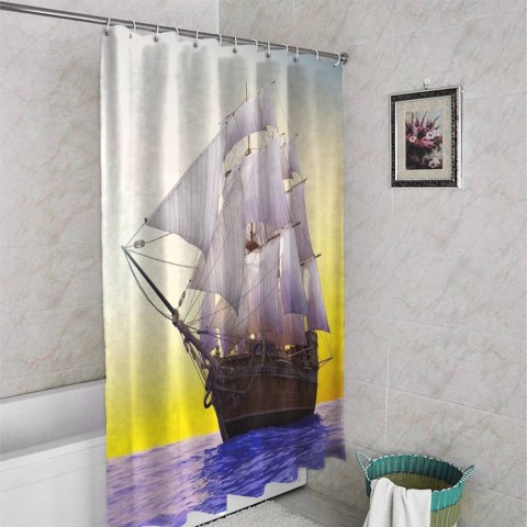 3D шторка для ванной «Старый корабль в открытом океане» вид 4