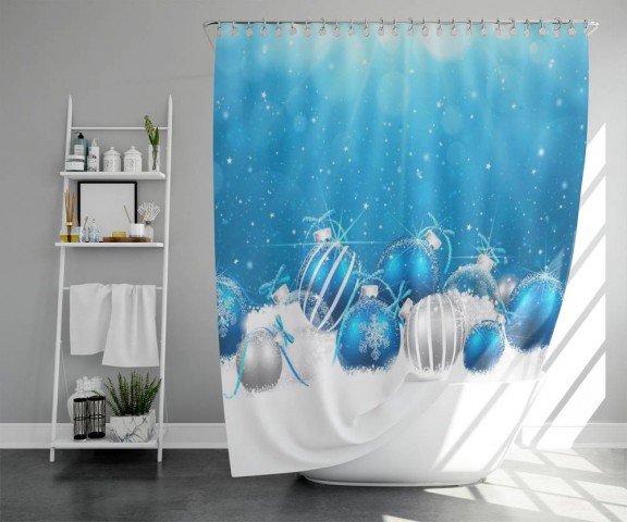 3D фото занавеска для ванной «Голубая новогодняя композиция» вид 5