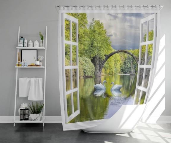 3D штора для ванны «Вид на озеро с лебедями» вид 5