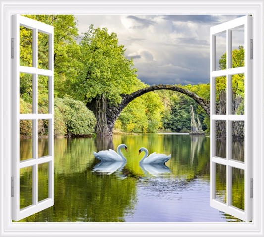 3D штора для ванны «Вид на озеро с лебедями» вид 2