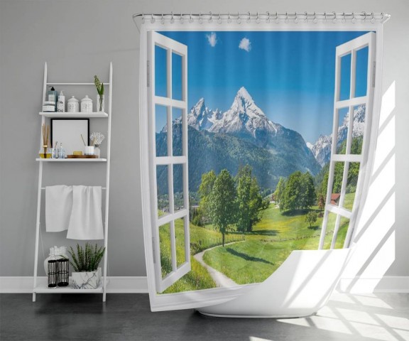 3D занавеска для ванны «Окно с видом на Баварские горы» вид 5