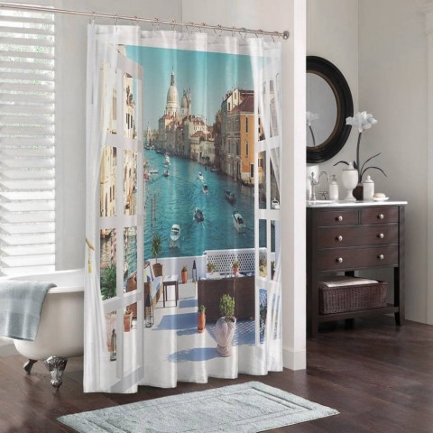 3D фотоштора для ванной «Окно-балкон в Венеции» вид 3
