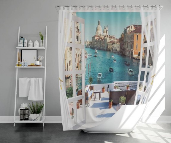3D фотоштора для ванной «Окно-балкон в Венеции» вид 5