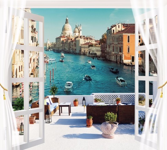 3D фотоштора для ванной «Окно-балкон в Венеции» вид 2