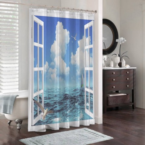 3D штора в ванную комнату «Распахнутое в море окно» вид 3