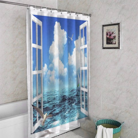 3D штора в ванную комнату «Распахнутое в море окно» вид 4