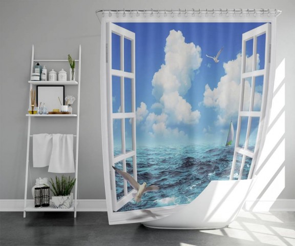 3D штора в ванную комнату «Распахнутое в море окно» вид 5