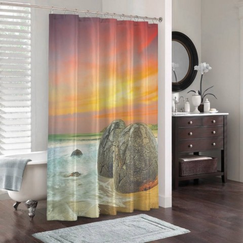 3D штора в ванную комнату «Камни на закате» вид 3