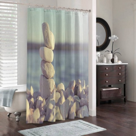 3D фото занавеска для ванной «Камни на берегу» вид 3