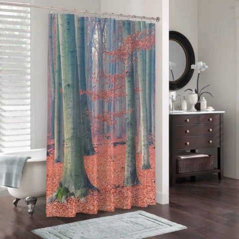 3D штора в ванную «Деревья в осеннем лесу» вид 3