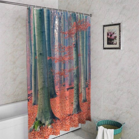 3D штора в ванную «Деревья в осеннем лесу» вид 4