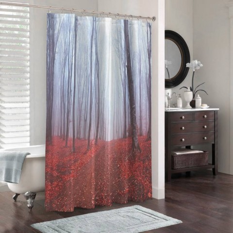 3D штора в ванную комнату «Осенний лес в тумане» вид 3