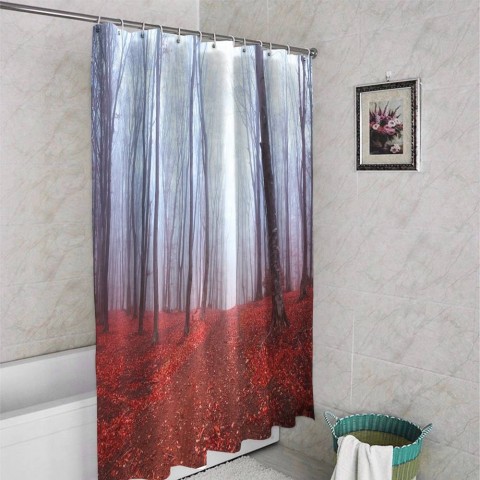 3D штора в ванную комнату «Осенний лес в тумане» вид 4