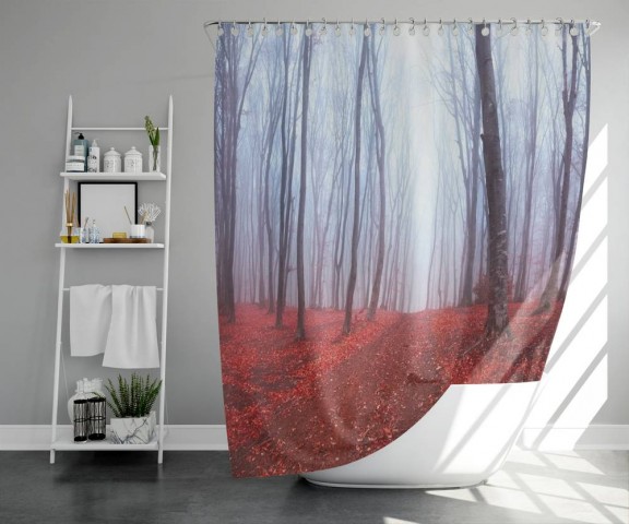 3D штора в ванную комнату «Осенний лес в тумане» вид 5