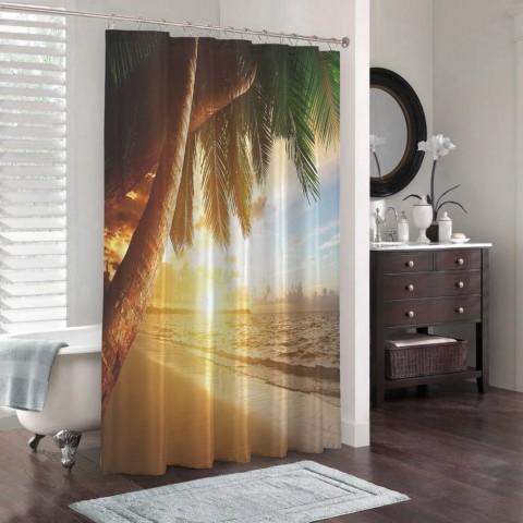 3D фотоштора для ванной «Закат под пальмами» вид 3