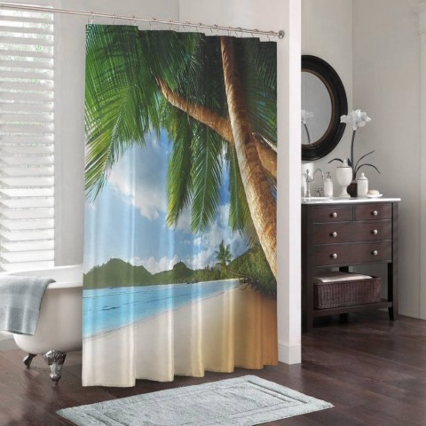 3D штора для ванной «Пальмы у океана» вид 3