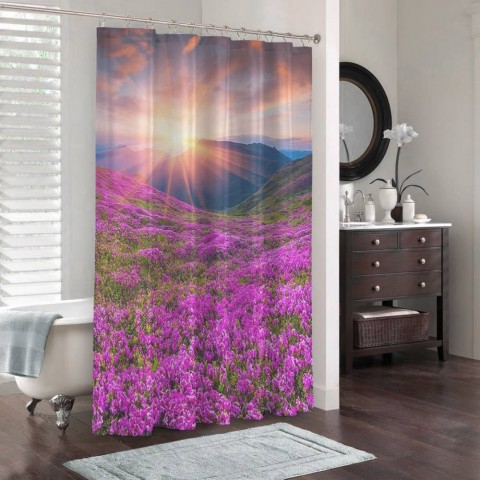 3D шторка для ванной «Рассвет на цветочной поляне» вид 3