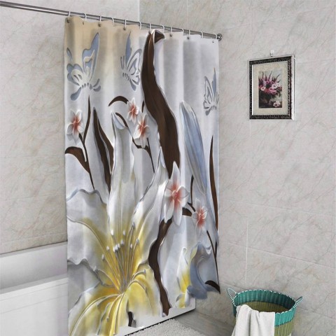 3D штора для ванны «Объемные цветы с бабочками» вид 4