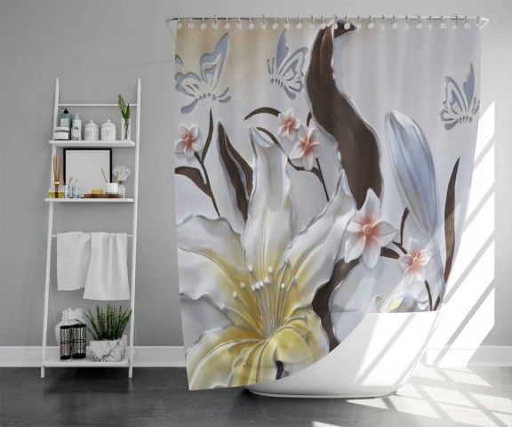 3D штора для ванны «Объемные цветы с бабочками» вид 5