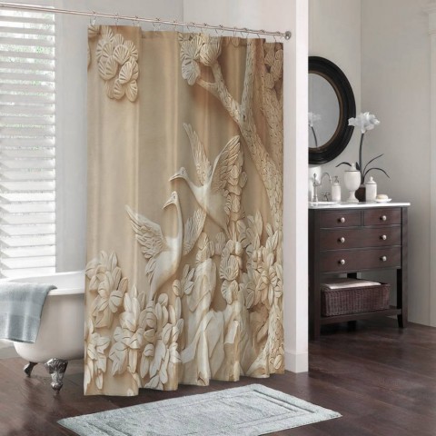 3D штора в ванную комнату «Журавли резьба по дереву» вид 3