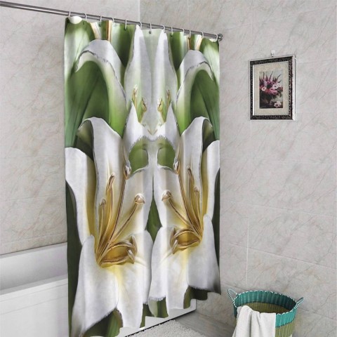 3D штора для ванной «Зеленые лилии из керамики» вид 4
