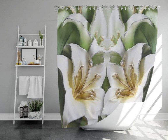 3D штора для ванной «Зеленые лилии из керамики» вид 5