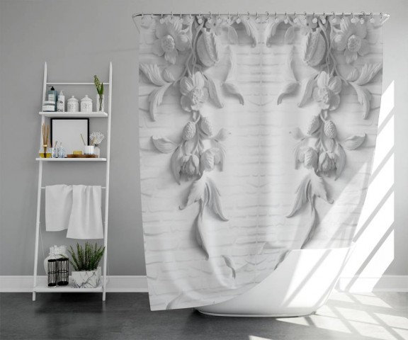 3D штора в ванную комнату «Рельеф с ниспадающими цветами» вид 5