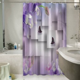 Шторы для ванной «Сиреневые цветы с бабочками»