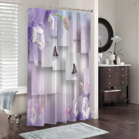 3D штора в ванную «Сиреневые цветы с бабочками» вид 3