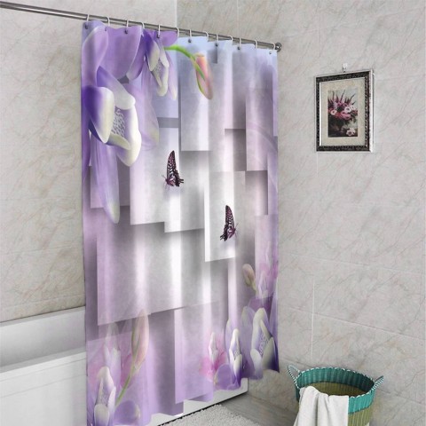 3D штора в ванную «Сиреневые цветы с бабочками» вид 4