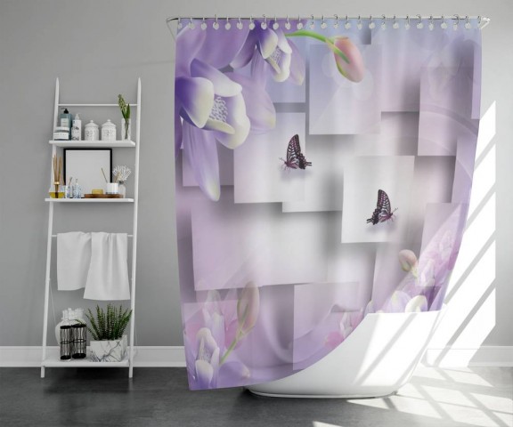 3D штора в ванную «Сиреневые цветы с бабочками» вид 5