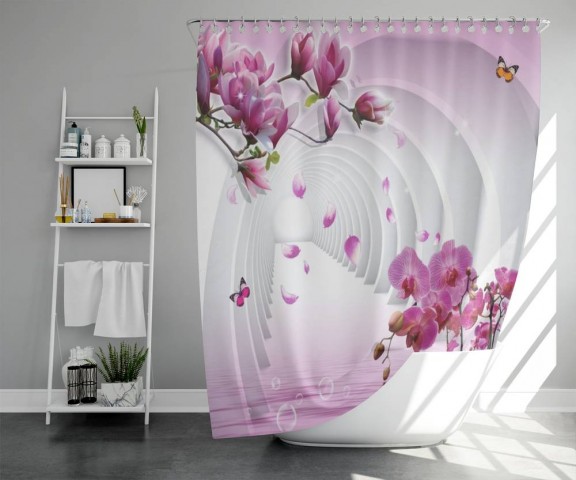 3D занавеска для ванной «Объемные колонны с цветами» вид 5